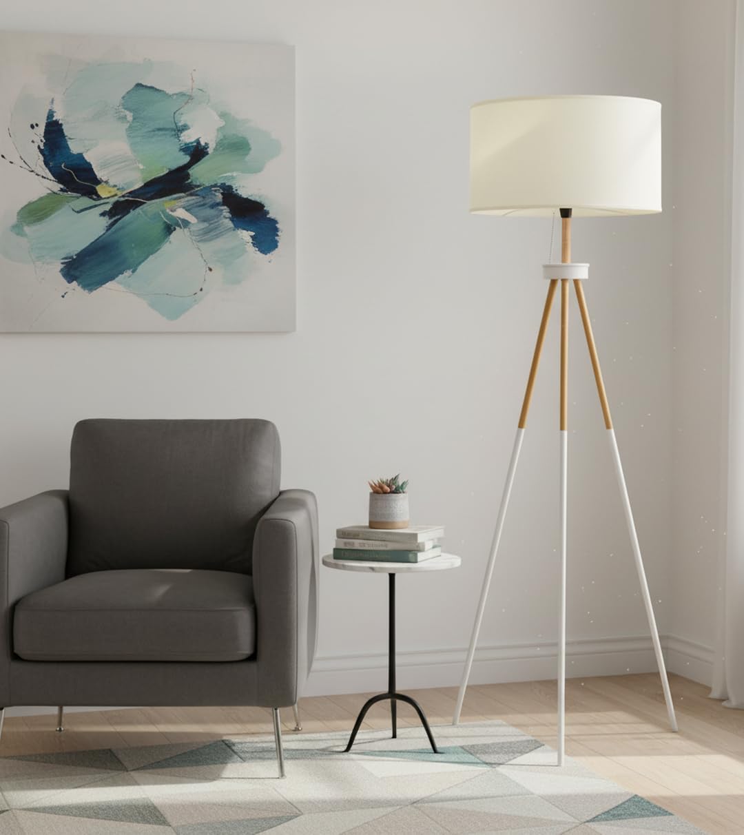 BEL AIR HOME - Lampada da Terra Soggiorno NAPOLI, Treppiede a 3 gambe 1 x E27 (Lampadina non inclusa) Design Moderno in Metallo e Legno, Ideale per Salotto e Camera (BIANCO)