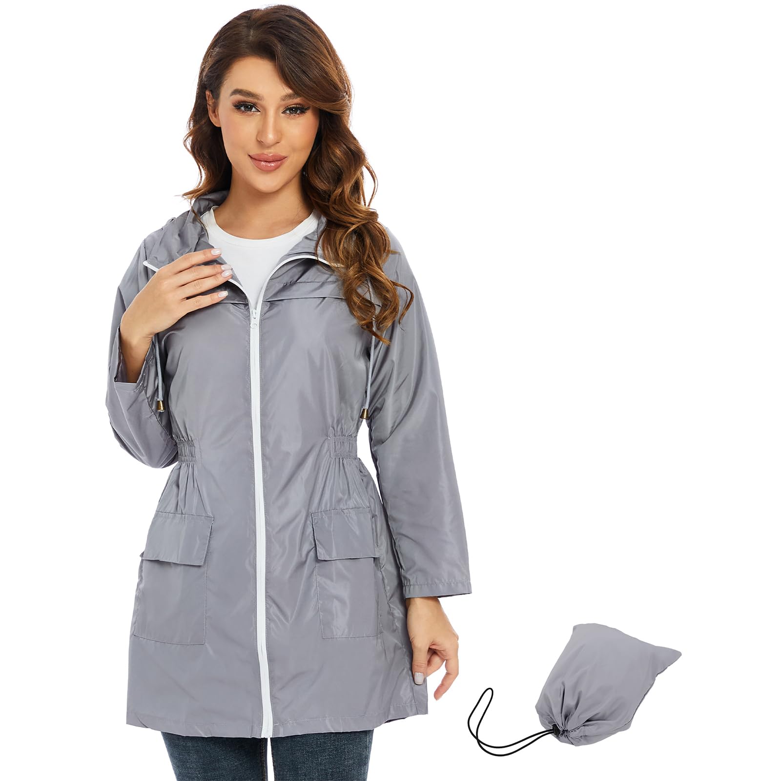 Giacca Impermeabile Donna UMIPUBO - Leggera, Lunga, Con Cappuccio E Fodera A Scacchi, Per Trekking - Foto 12