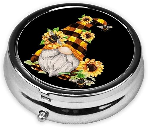 Miniatura 2 de Pastillero redondo floral amarillo de abeja de gnomo 2.0x2.0x0.7 pulgadas lindo mini viaje medicina pastillero organizador caja para bolsillo
