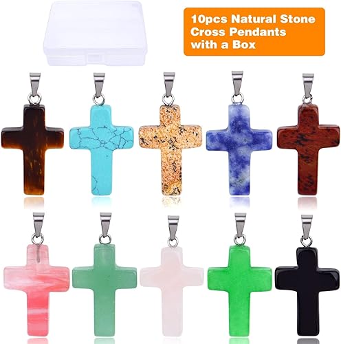 Miniatura 2 de 10 colgantes de piedra natural con cruz de cristal curativo de cuarzo con dije de piedras preciosas de chakras con una caja para hacer collares,