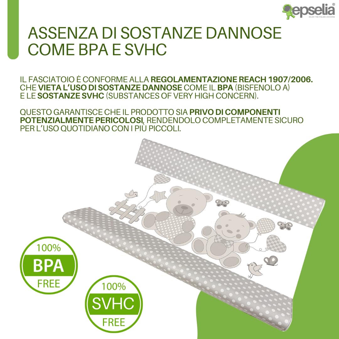 EPSELIA Materassino Fasciatoio in PVC, tasca di fissaggio Atossico a Norma Europea EN71, Test Anti-ribaltamento a Norma Europea EN 12221-1/2, cm 80x50 H10 Facile Manutenzione, Impermeabile, Tortora