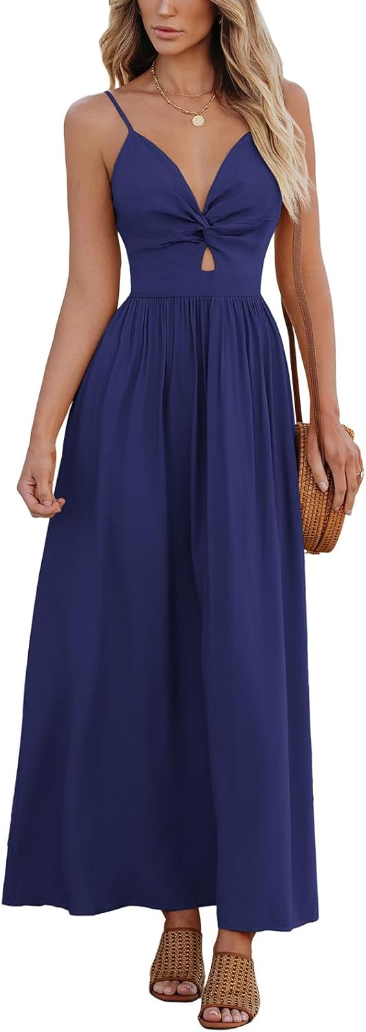 CUPSHE Women Casual Dress Beach Sleeveless V Neck Summer Cutout Spaghetti Straps Formal Maxi Sun Dresses