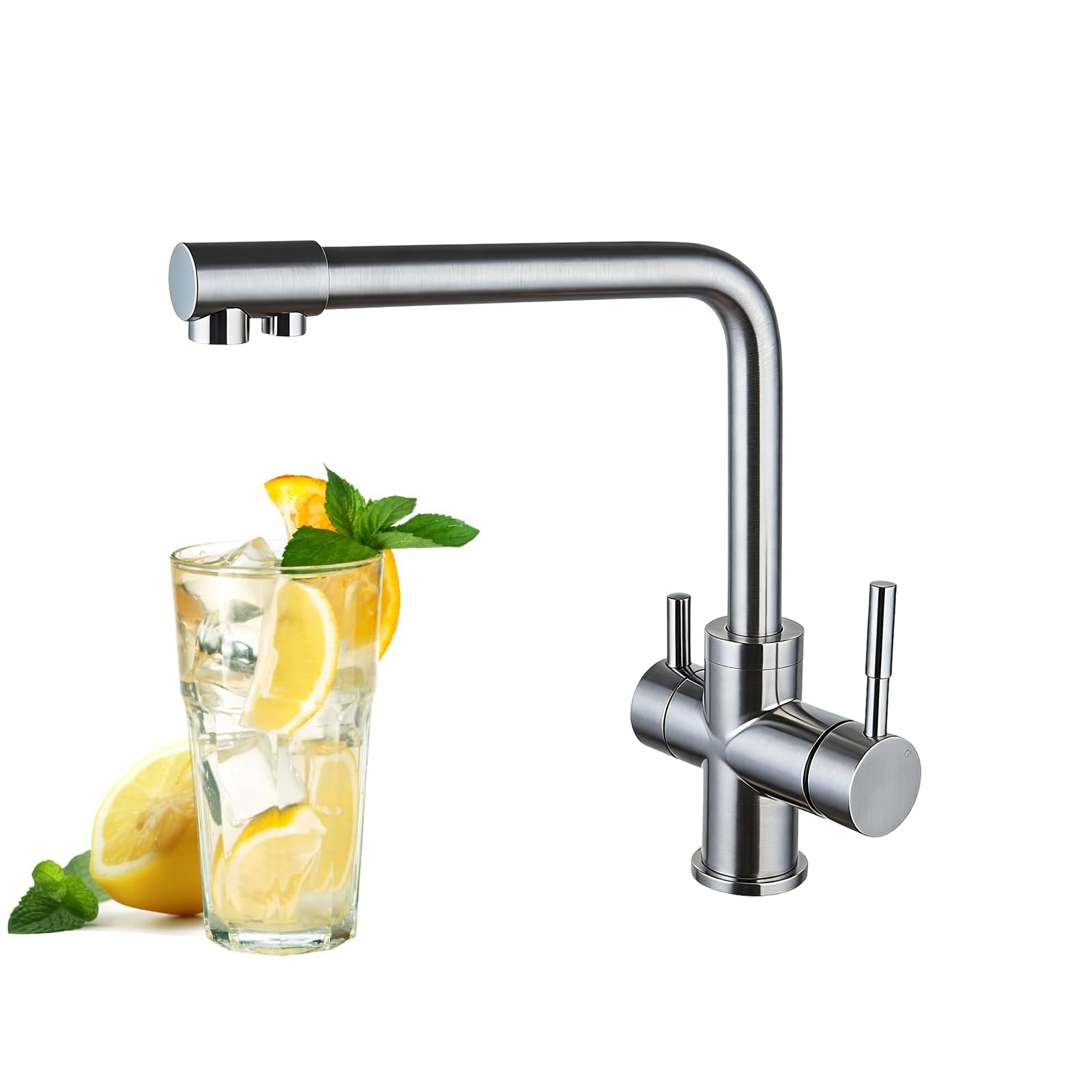 Grifo de cocina de 3 vías con doble mango, grifo mezclador para fregadero de cocina, grifo de filtro de agua fría y caliente, mezclador de triple flujo para cocinas, manguera G3/8 pulgadas, giro de