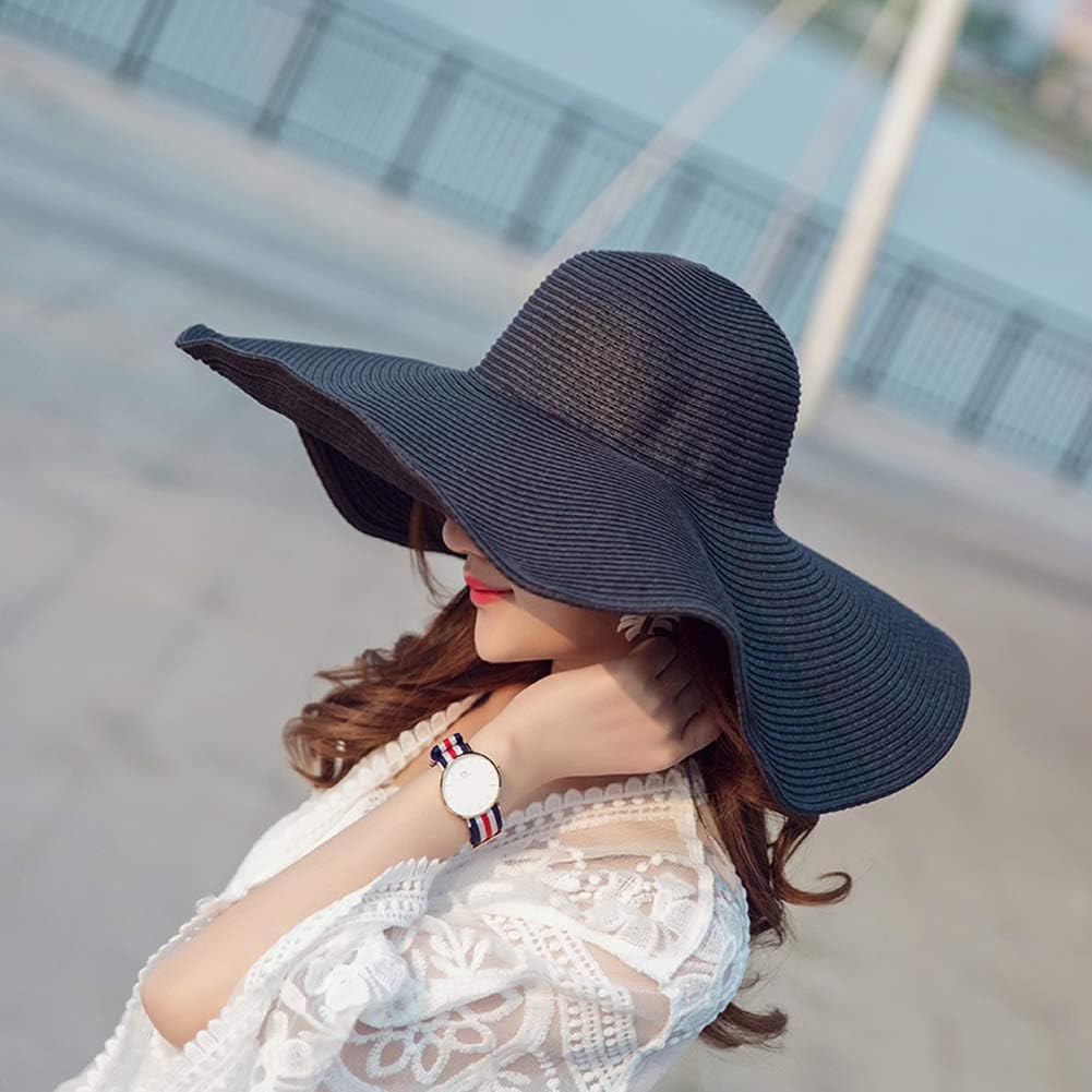 Women Folable Floppy Sun Hat Wide Brim Sun Protection Straw Hat Summer UV Protection Beach Hat Cap UPF 50+(Black) - Image 4