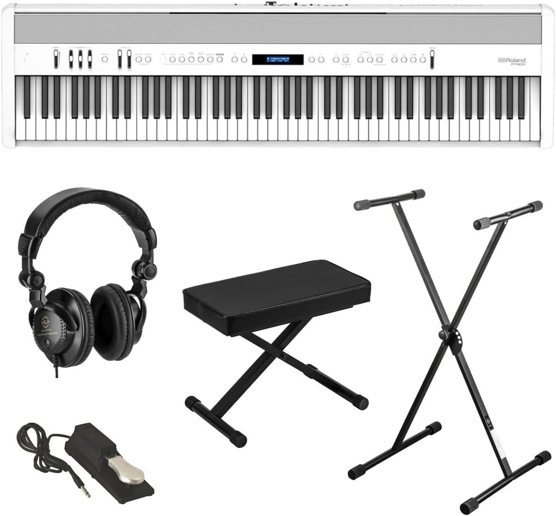 Roland FP-60X 88-Key SuperNATURAL Portable Digital Piano, White Bundle with Stand, Bench, Sustain Pedal, Studio Monitor Headphones