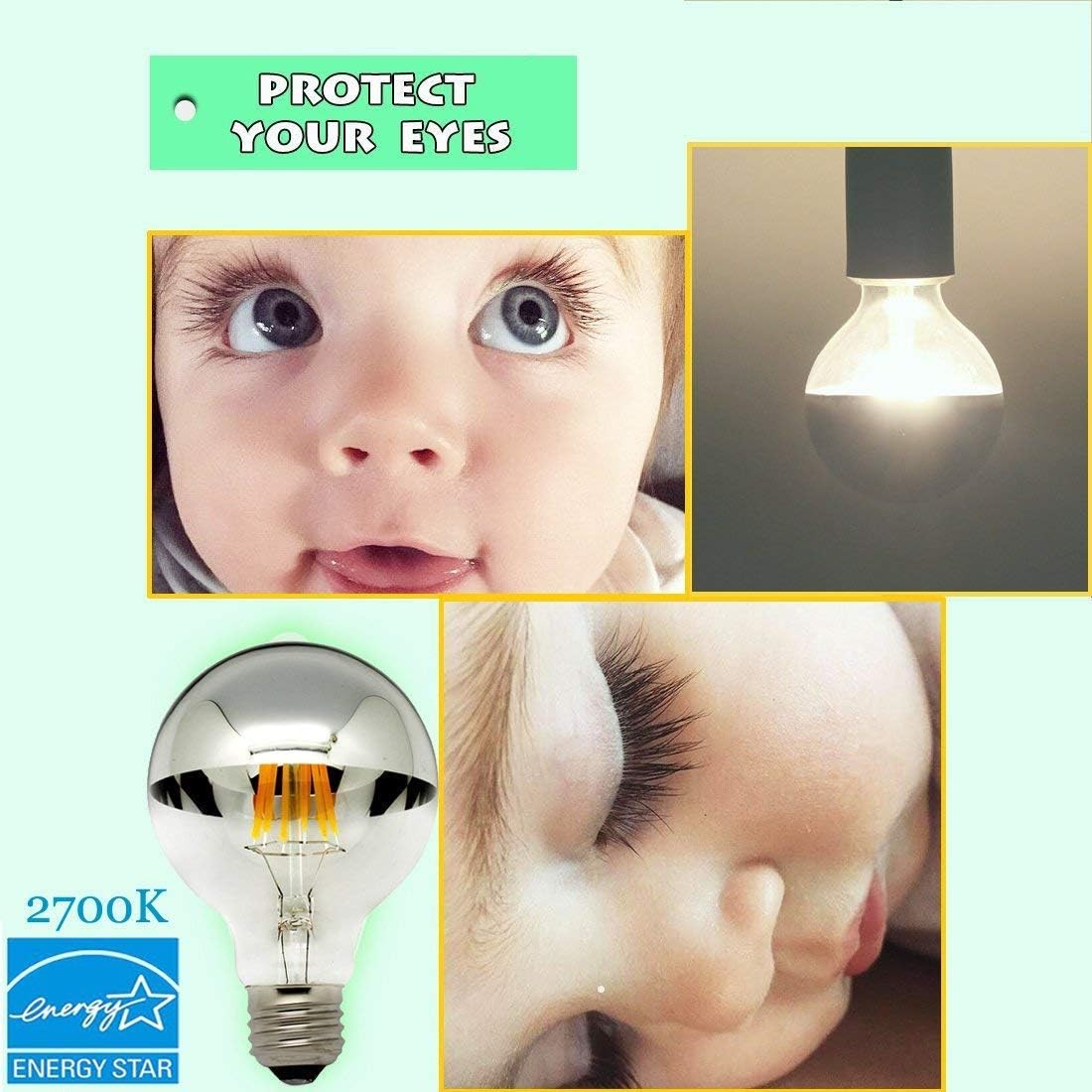 LUXON Half Chrome Light Bulbs,Dimmable,LED Edison Bulbs,Silver Dipped Anti Glare Bulb,Mirror 6W (60W Equivalent) G80/G25 Globe Decorative Light Bulb,E26 Base Warm White 2700K,for Vanity Pack of 2