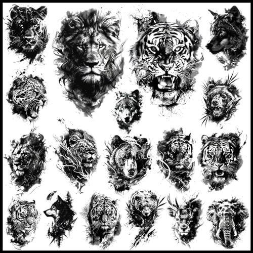 CHARLENT 18 Pcs Realistic Tiger Bear Lion Wolf Temporary Tattoos for Men Adults - Black Fake Animals Tattoo Stickers for Men Women Adult Body Art Arm Chest Shoulder