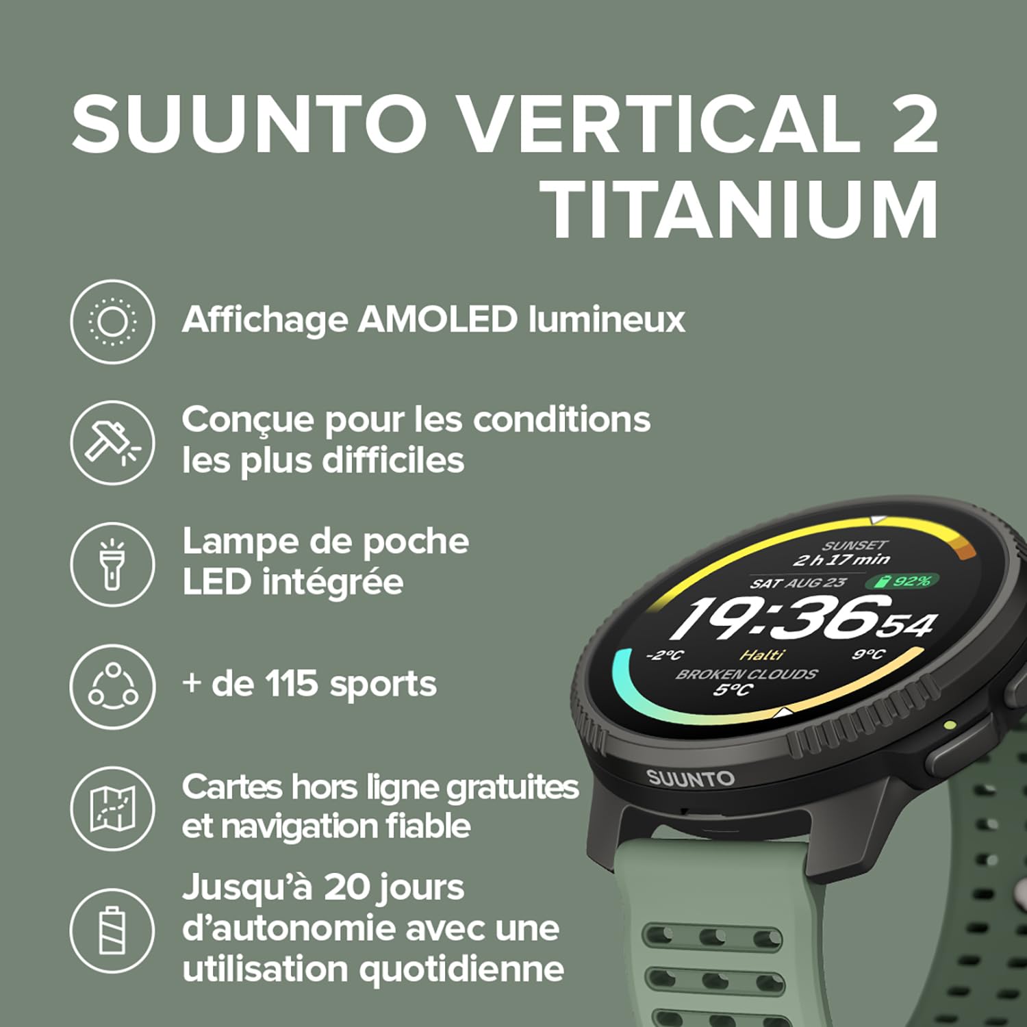 SUUNTO Vertical 2 Montre GPS Sport, Écran Tactile AMOLED Lumineux avec Design Robust, Lampe LED Intégrée, Autonomie 20 Jours, Cartes Hors-Ligne, Navigation Fiable, 115+ Modes de Sport