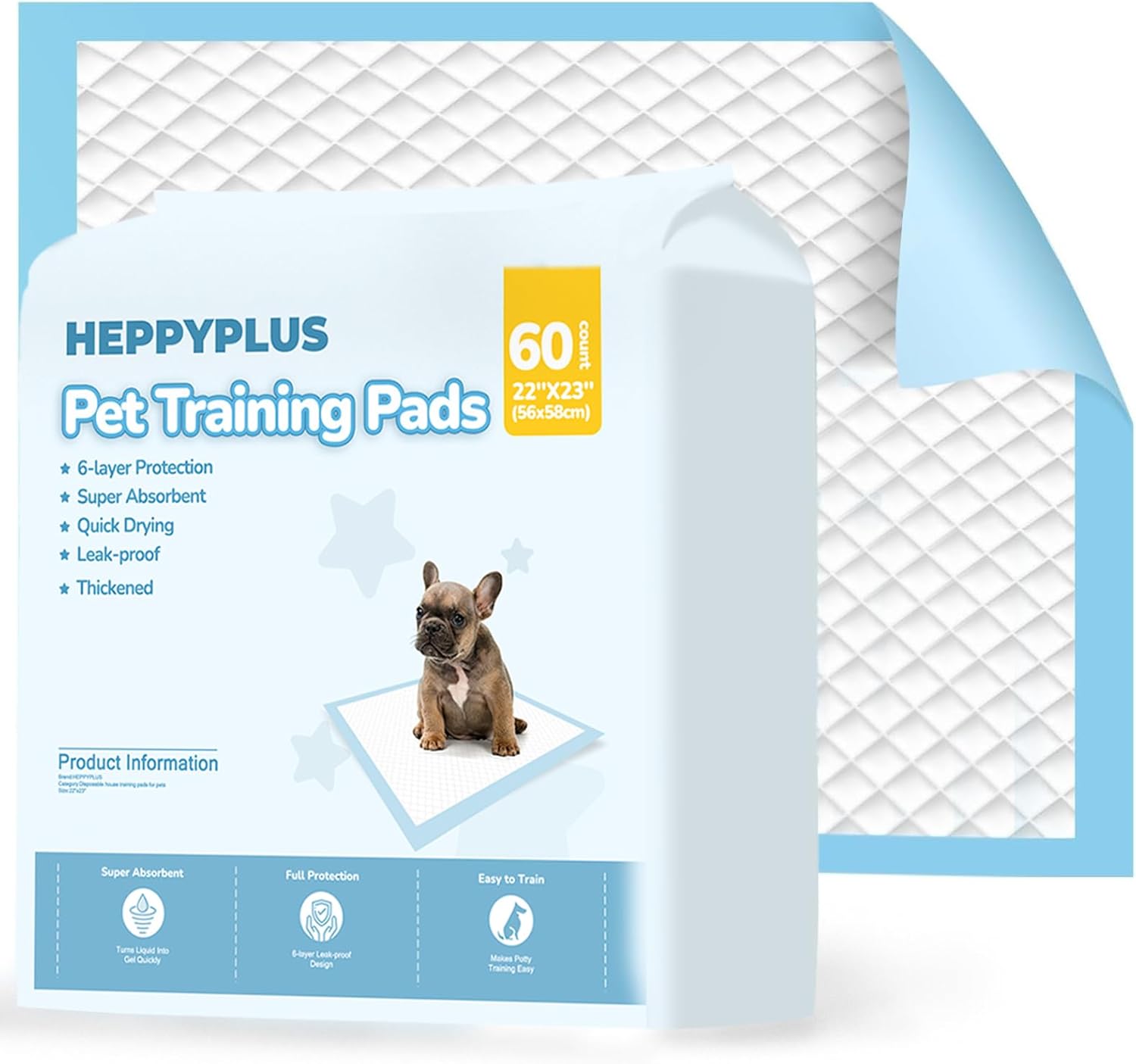 60 Count Dog Pee Pads 22″x23″, Disposable Puppy Pads Pee Pads for Dogs, Pet Training Pads Super Absorbent Leak-Proof Pee Pads (60 Count)
