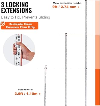 VEVOR Aluminum Grade Telescopic Measuring Rod, 9-Feet 3 Sections, Double-Sided 1/8in Leveling Rod with Bubble Level & Carrying Bag for Houses, Walls, Floors