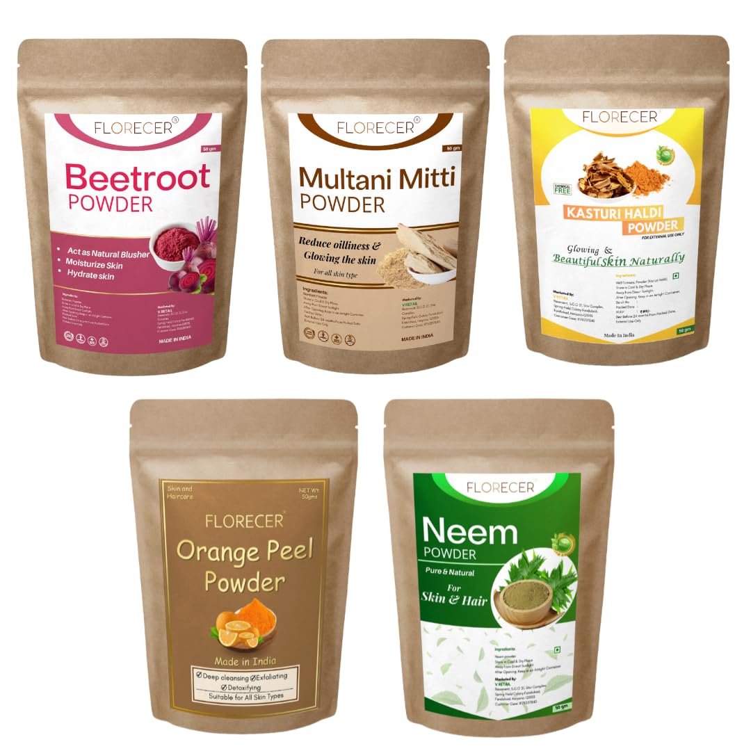 Florecer Kasturi Haldi, Neem, Orange Peel, Beetroot And Multani Mitti Powder For Face And Skin Care- Each 50 Gram