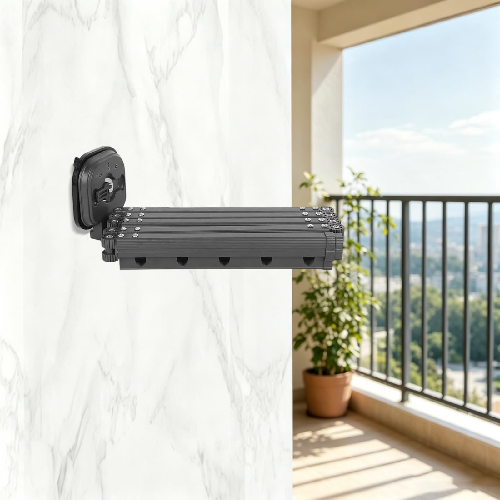 5-Fach faltbarer Wandwäschetrockner(5*34 cm) Wäscheständer Ausziehbar Kleiderstange mit 25 Standard-Hänge Löchern Halten und Vakuum-Saugnapf Handtuchhalter aus Aluminium Legierung für Balkon