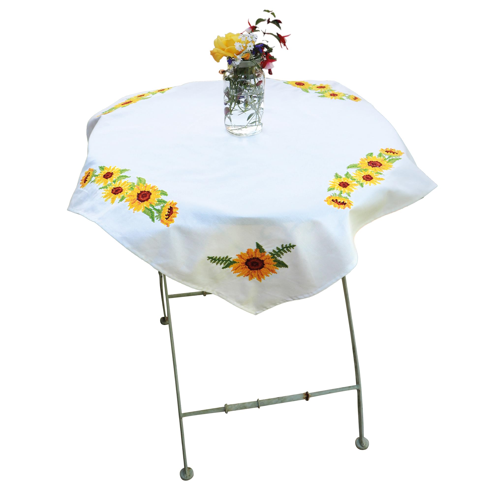 Trimits Kit per punto croce stampato, tovaglia – include tessuto stampato, fili, ago e istruzioni, 80 x 80 cm, girasoli