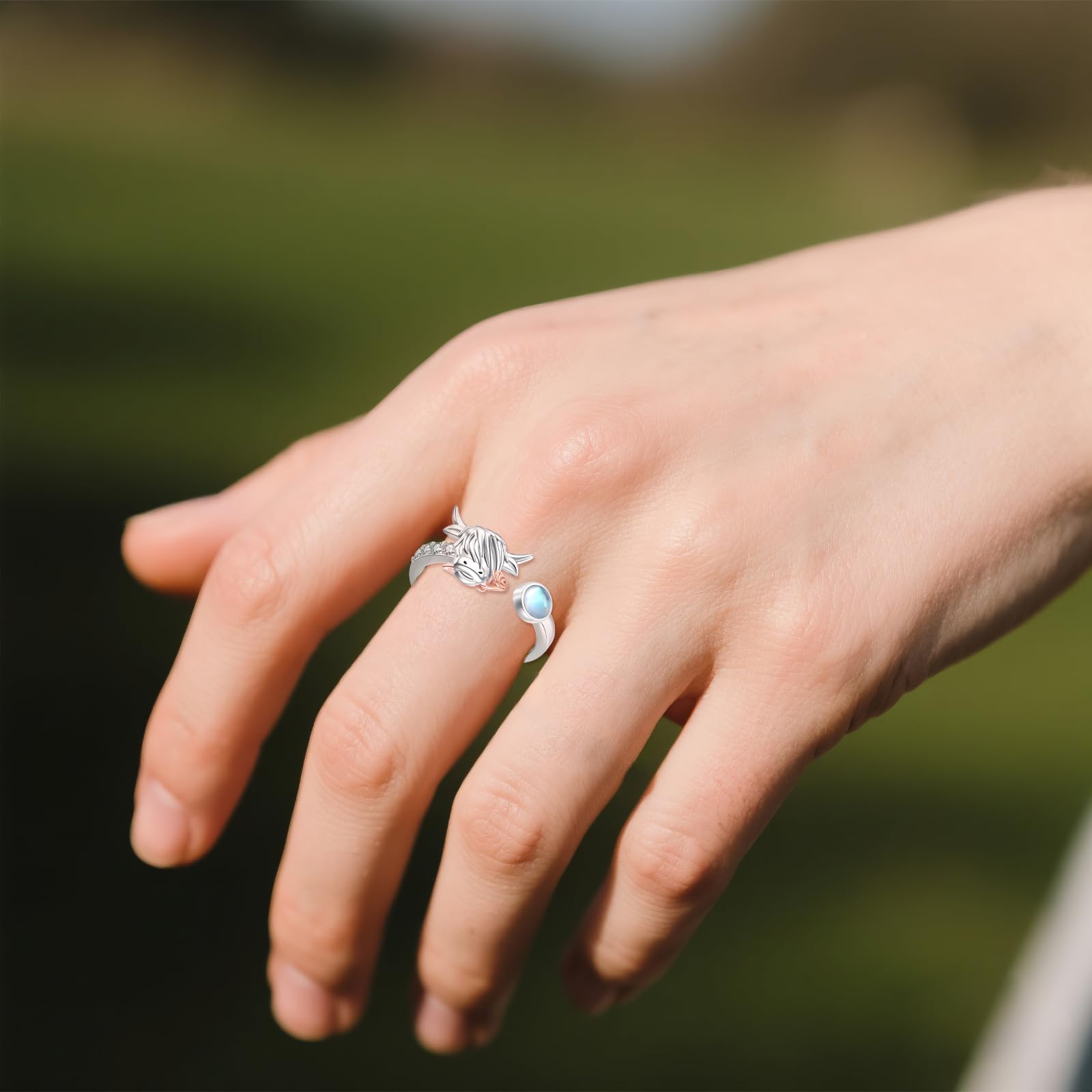 URONE Highland Rind Ring 925er Sterling Silber Mondstein Kuh Offene Ringe Süßer Tier Schmuck Geschenke für Damen