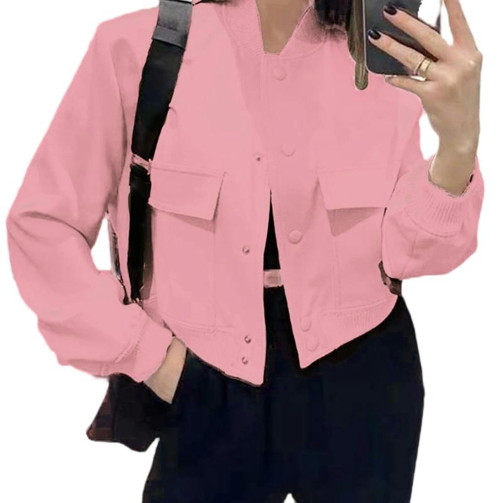 Frühling europäische und Amerika Mode neues Temperament Pendler Rundhals einreihige Langarmjacke-Rosa-3XL