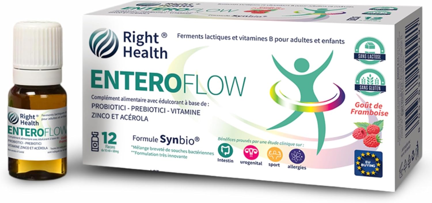 ENTEROFLOW: Ferments, Probiotics, Prebiotics. Patented formula for intestinal disorders due to alteration of flora, stress, travel and medication. 12 blisters, Raspberry taste