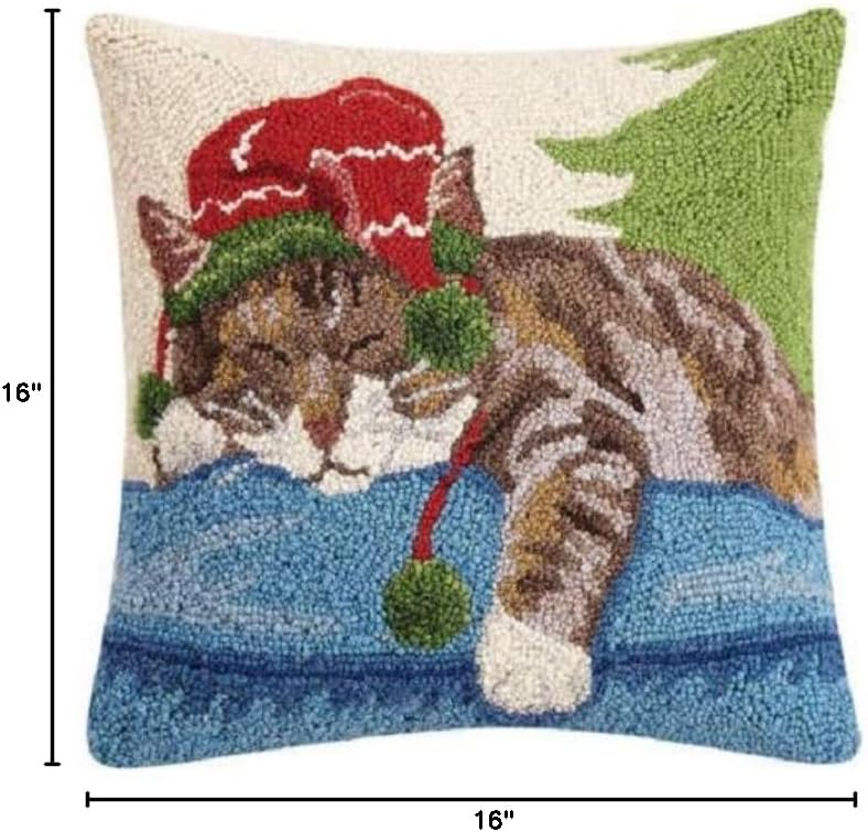 Peking Handicraft 31SJM10280C16SQ Napping Cat Holiday Hook Pillow Poly Filled, 16-inch Square, Wool and Cotton