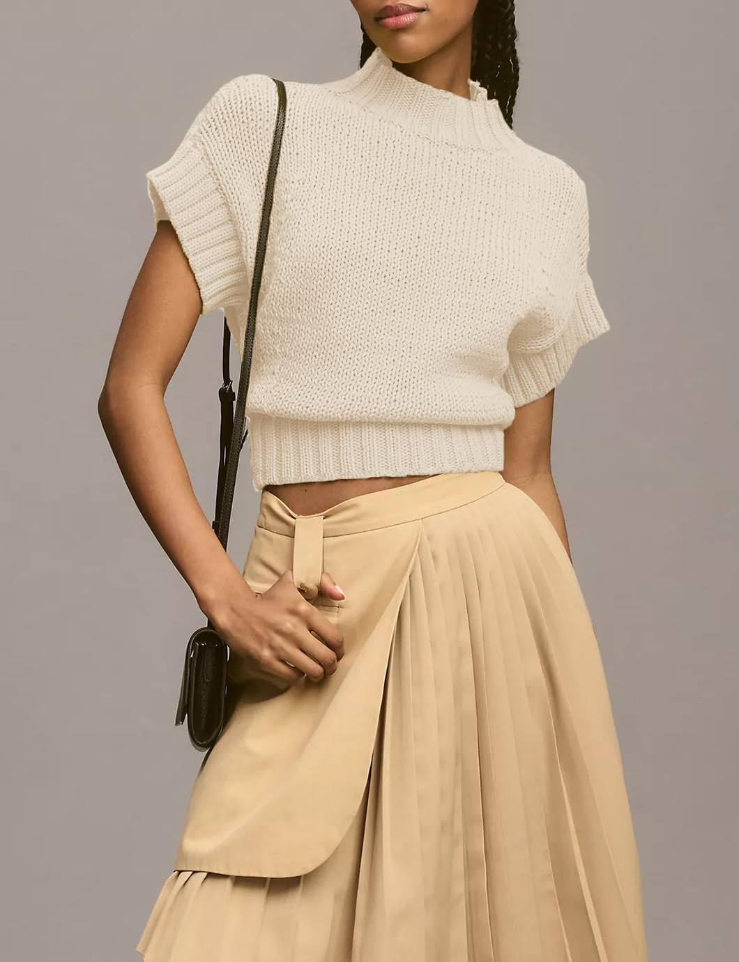 Women's Mock Neck Cap Sleeve Sweater Vest Casual Solid Cropped Tank Tops Pullover Sweaters - Image 6