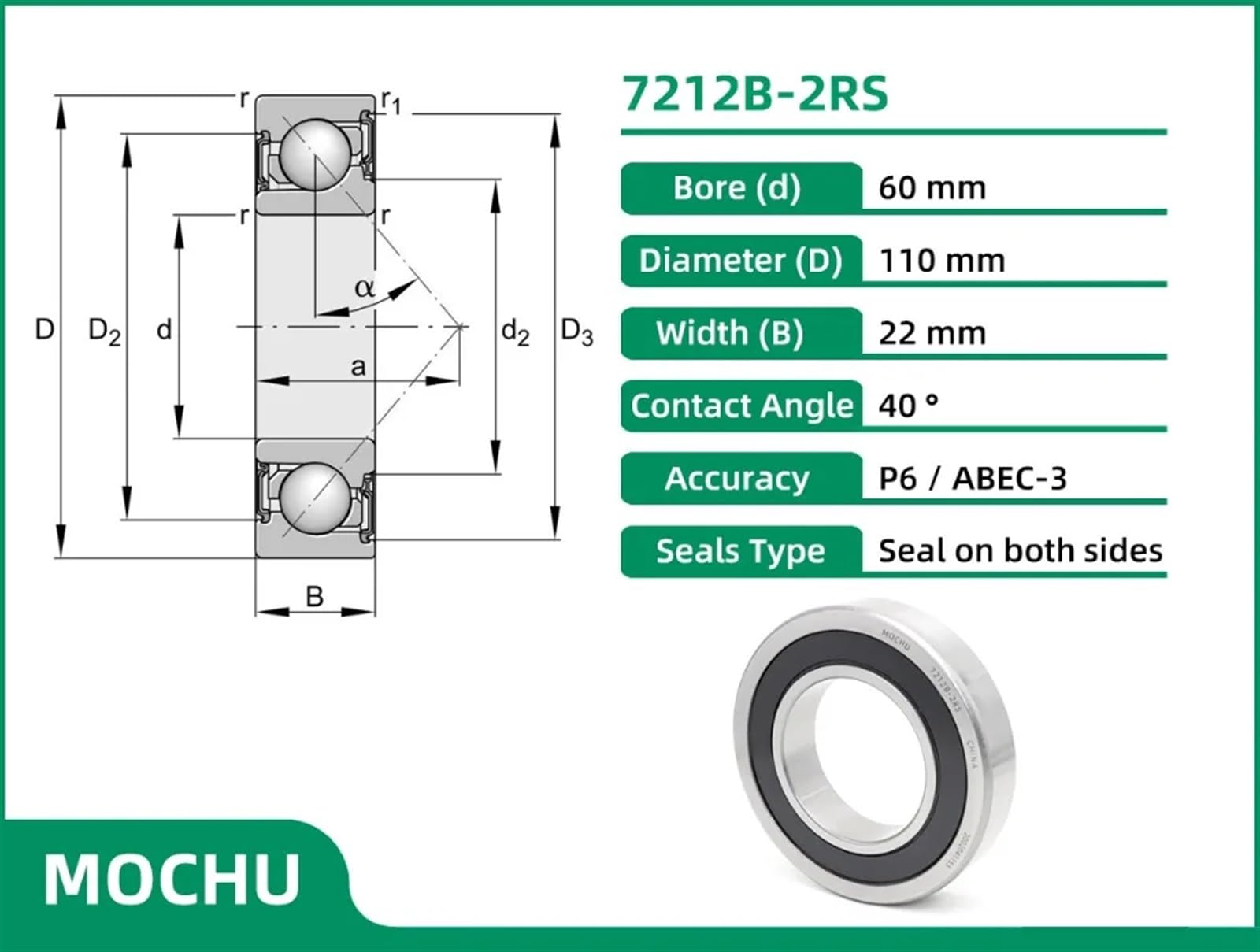 1 pièces 7212B-2RS 60X110X22 7212B 7212-B-2RS-TVP P6 ABEC-3 roulements à Billes à Contact Oblique à Une rangée