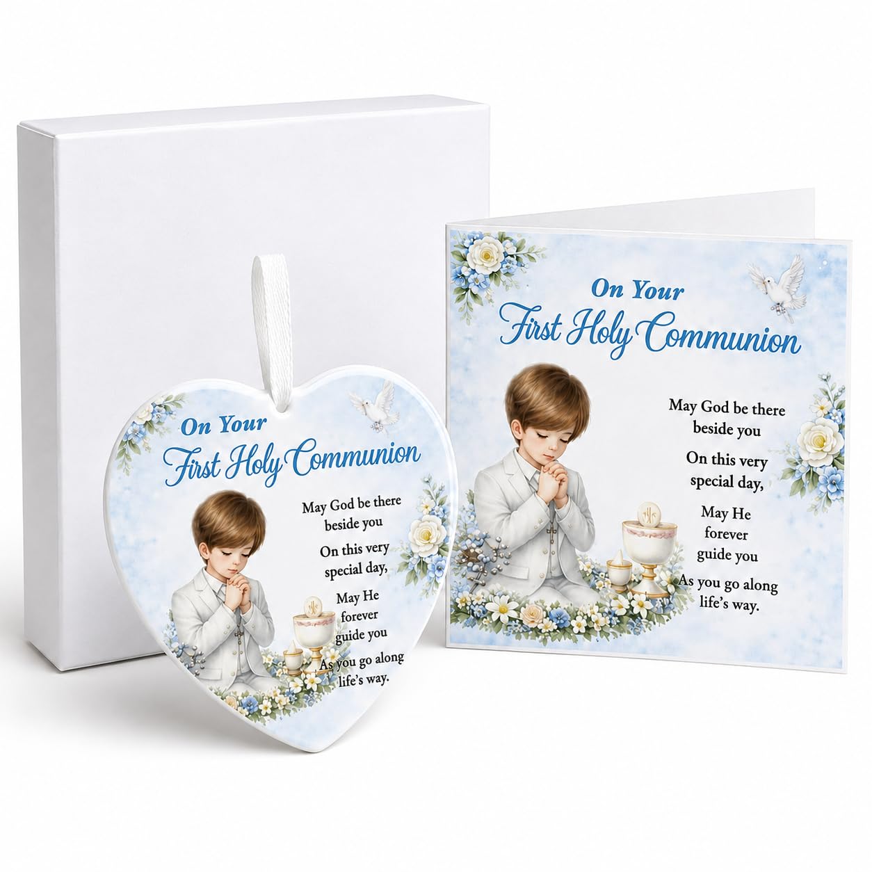 Muiltvoe First Holy Communion Gifts for Boys - Ceramic Heart Ornament with Greeting Card & Box, Holy Communion Decorations, First Communion Decorations for Godson Grandson Church Party