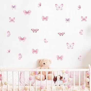 6 Sheets 36 Pcs Pink Butterflies Wall Stickers DIY Art Wall Decals | Watercolor Butterfly Removable Vinyl Peel and Stick for Baby Kids Room Nursery Living Room Bedroom Playroom Home Decor