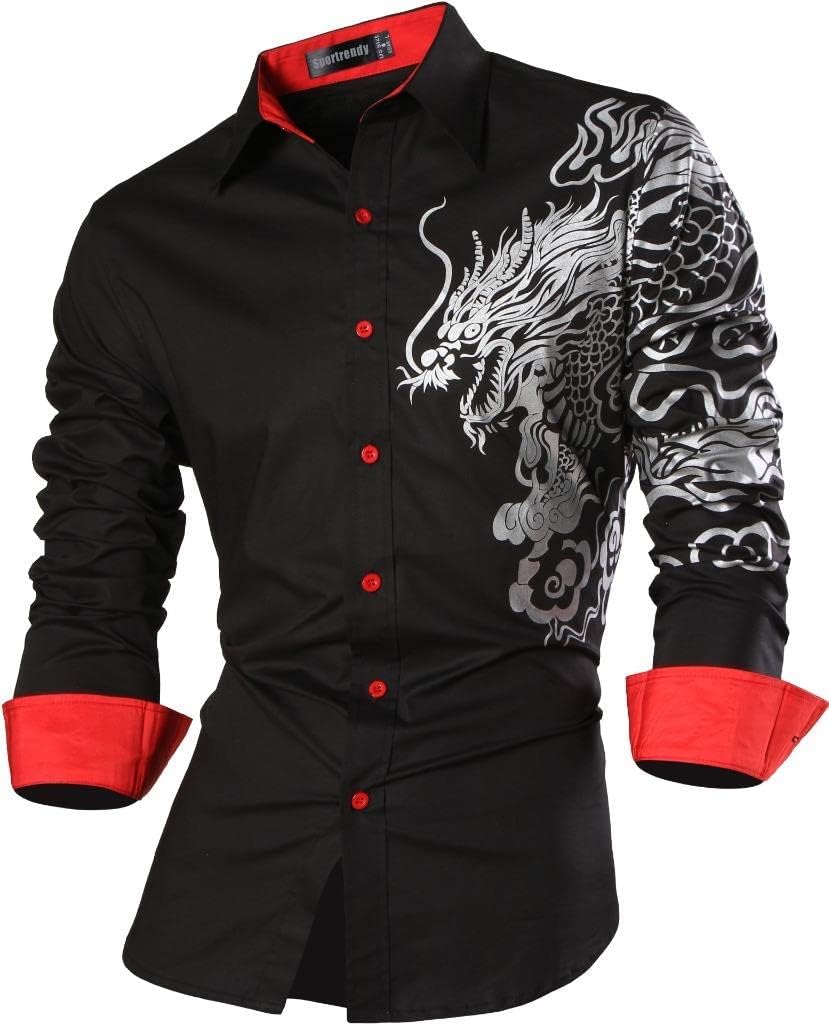 Men Casual Slim Dragon Tattoo Long Sleeve Button Down Dress Shirt JZS041