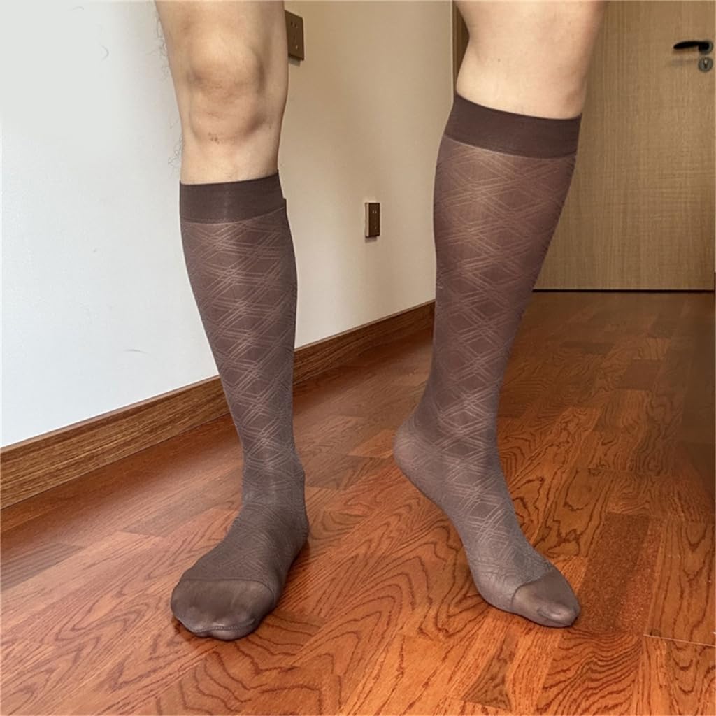 Men's Thin Sheer Nylon Dress Socks Elegant Argyle Pattern Middle Calf Socks for Business Suit and Formal