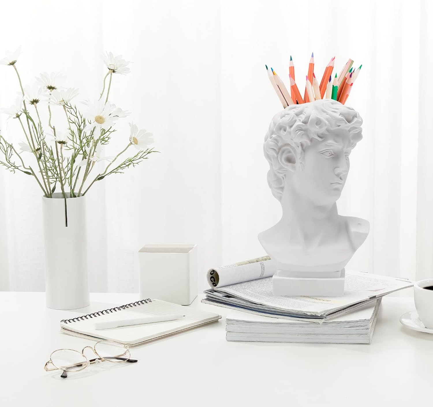 David Statue Greek Head Vase Bust Face Vase Head Retro Decor, Sculpture Brush Holder Bust, Makeup Brushes Container Pen Holder, 25CM