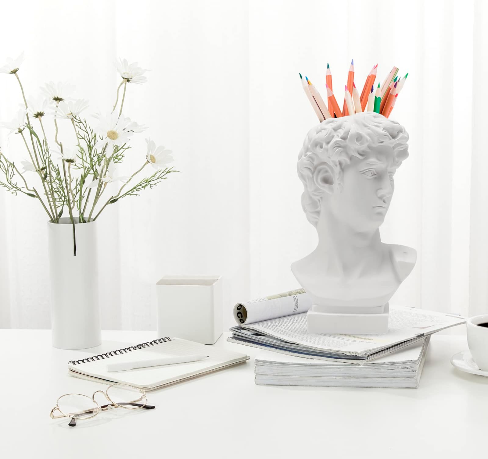 David Statue Greek Head Vase Bust Face Vase Planter Head Retro Decor, Sculpture Brush Holder Bust, Makeup Brushes Container Pen Pencil Holder Statue of David Sculpture Flower Pot