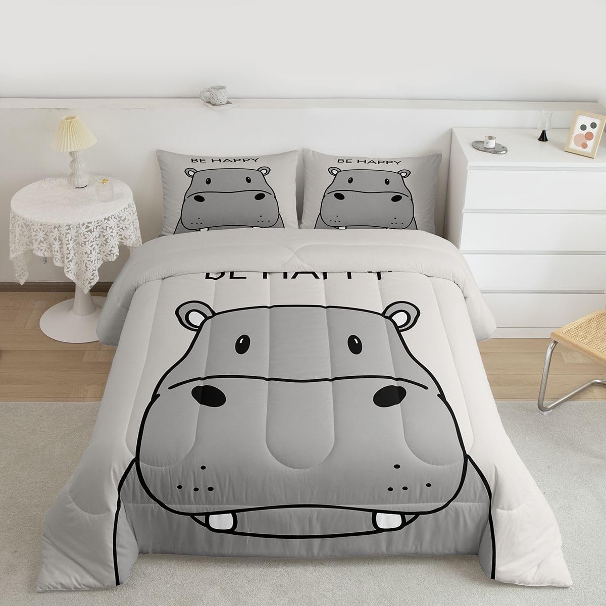 jejeloiu Kids Hippo Bedding Set Twin Size Cute Hippopotamus Comforter Set Be Happy Quote Comforter Boys Girls Teens Ultra Soft Cartoon Grey
