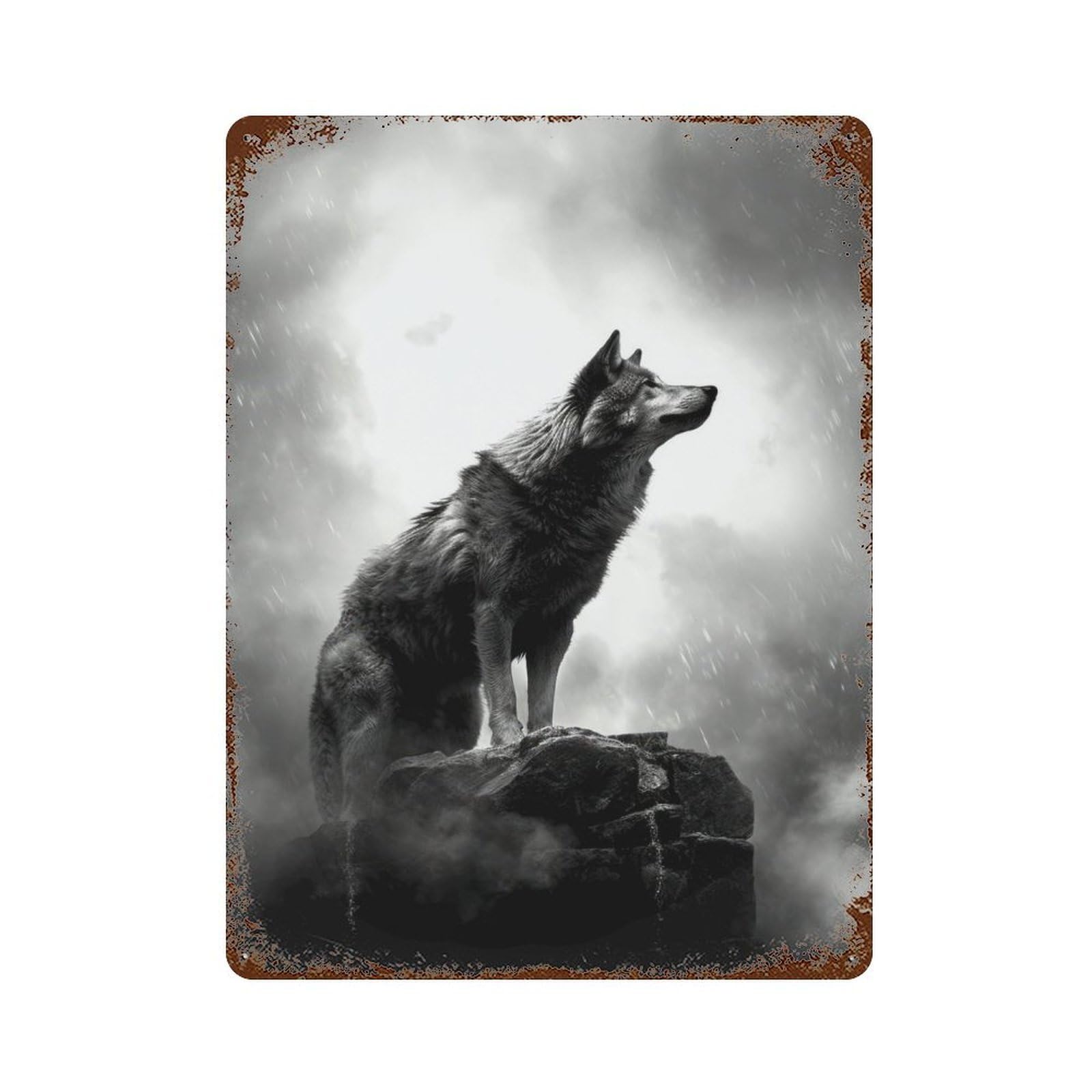 Wolf Moon Vintage Wall Sign 15.7"x11.8", Rust Effect Metal Decor for Office, Studio And Wall Decor