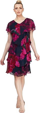 S.L. Fashions Womens Short Sleeve Floral Tiered Chiffon Dress Missy and Petite