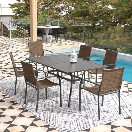 Image of Anmutig 7-Piece Outdoor Dining Set, Powder Coated Steel Table with 6 Stackable Chairs, Black and Brown, 63 x 38 Inch Table