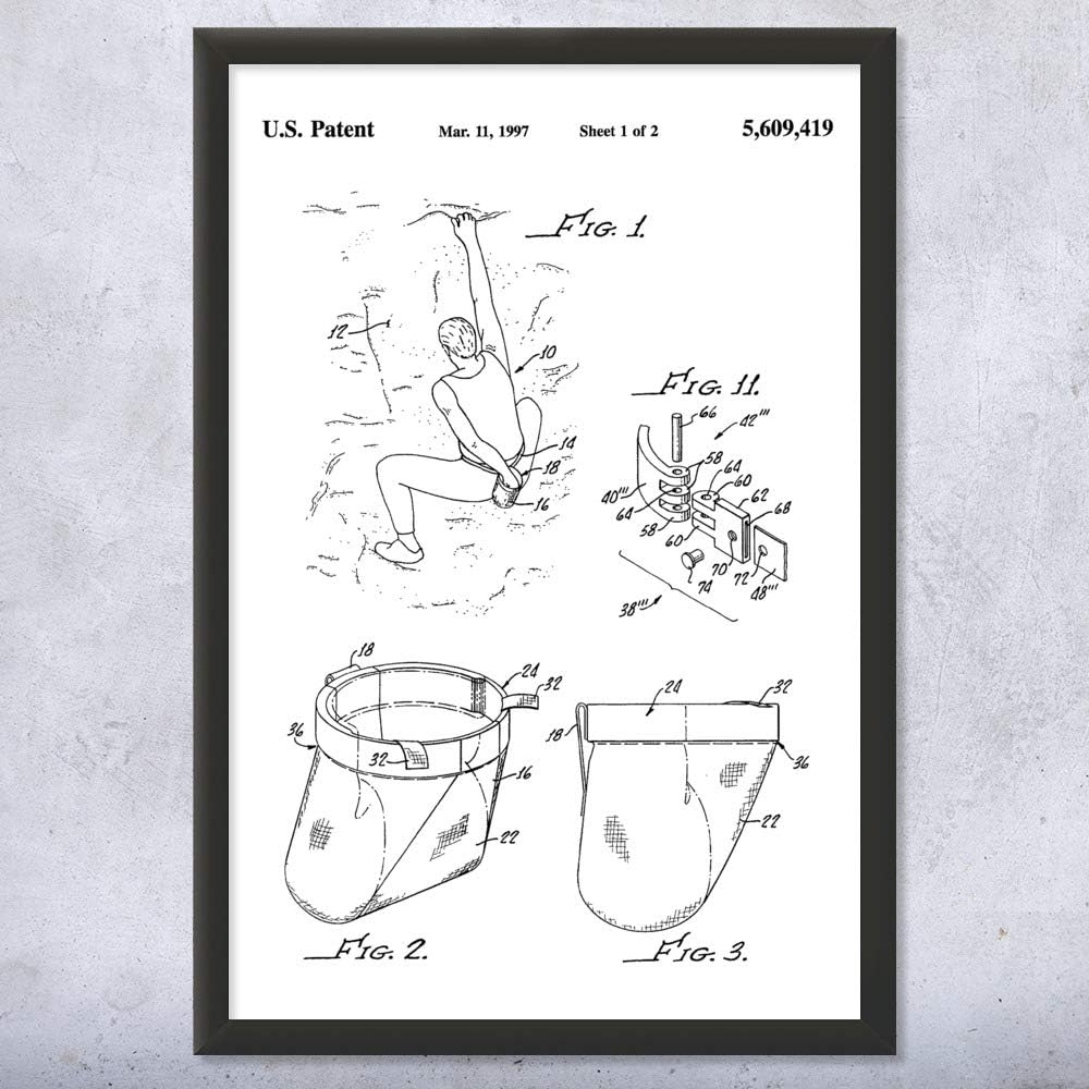 Rock Climbing Chalk Bag Patent Framed Print (13x19) Bouldering Gifts, Gym Decor, Climbing Gifts, Climbing Wall Art, Gifts For Men