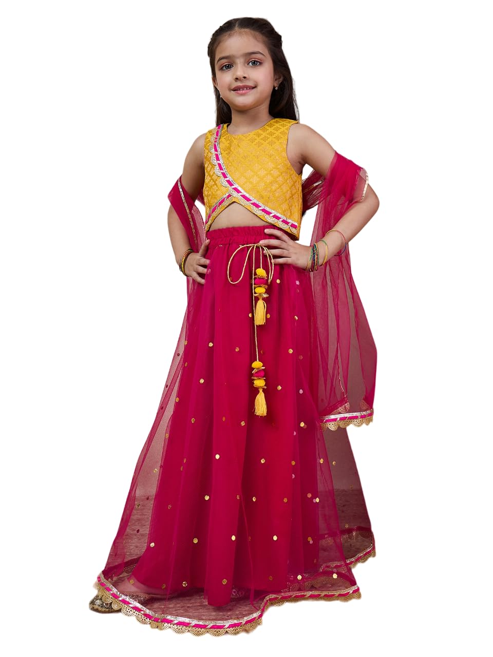 Pspeaches Girl's Net With Dupatta (L-Magentatikli-7- Magenta_7-8Y)