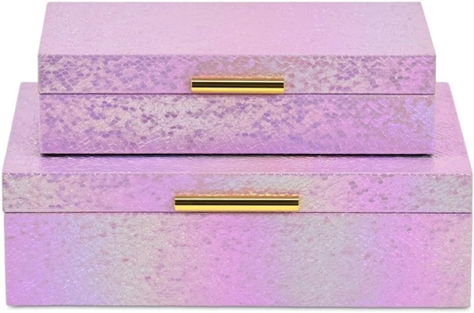 Pemberly Row Seascale Pattern Nesting Box Set, Iridescent Pink with Gold Handles, Decorative Storage for Jewelry, Keepsakes, Office Supplies, Compact Space-Saving Design, Elegant Home or Office