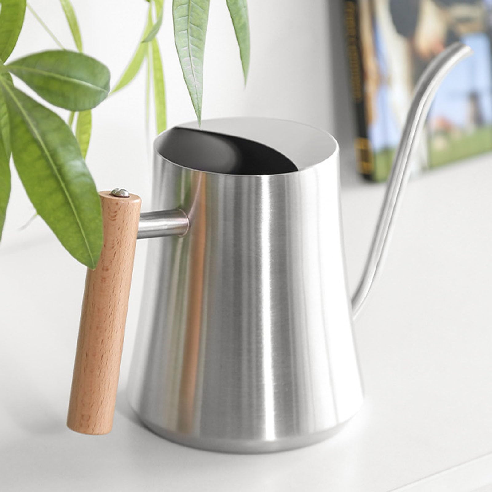 Regadera Interior de 1 Litro con Pico Largo | Caño Largo Sin Desbordamiento, Mango de Madera, Pequeña Lata de Agua de Metal para Casa, Bonsái, Plantas, Flores de Jardín