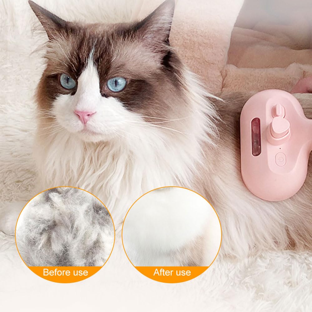 Pet Spray Haarentfernungskamm, 2025 Upgraded 3 in 1 Katzen-Dampfbürste, selbstreinigende Katzen-Dampfbürste, mit Wassertank und Entriegelungsknopf, Haustier-Dampfbürste für Hund und Katze (Rosa)