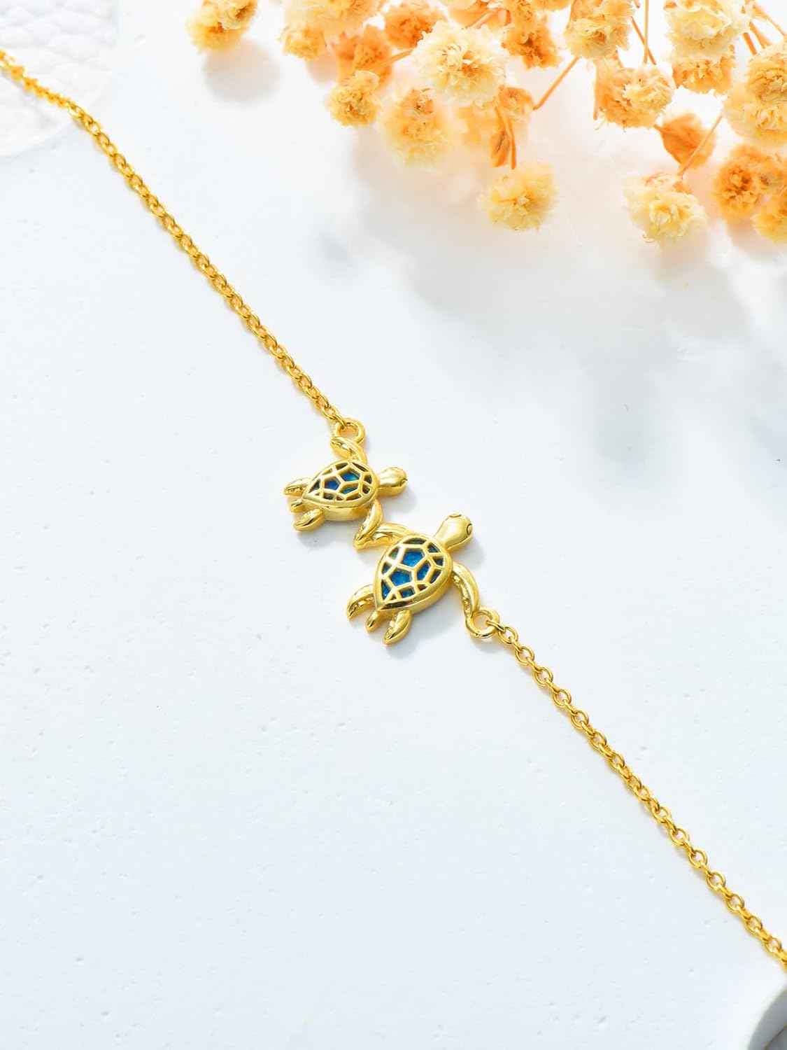 14K Real Gold Sea Turtle Anklet for Women, Yellow Gold Mother Daughter Turtle with Opal Anklets Bracelets Beach Foot Jewelry Birthday Mthers Day Gifts for Mom Her Girlfriend, 8+2 Inch