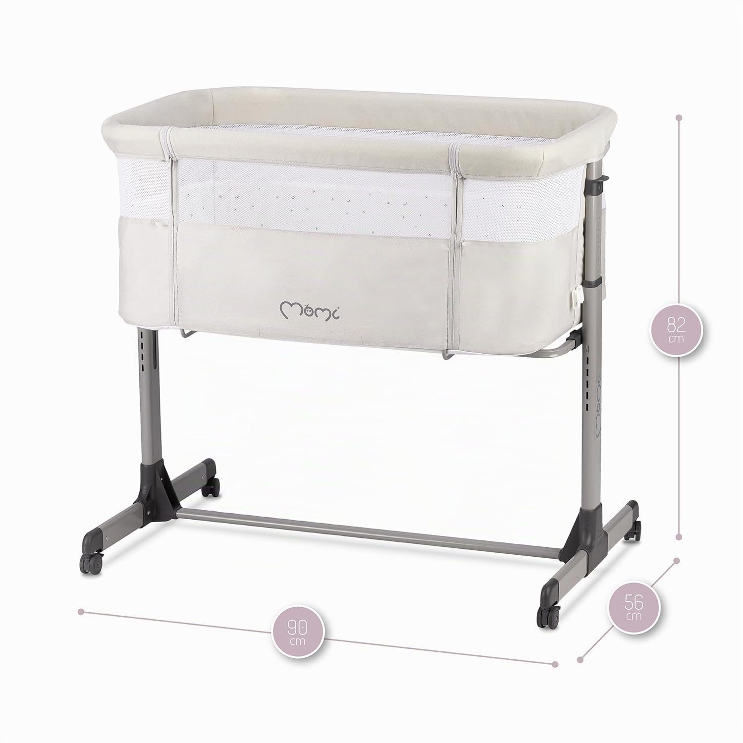 Momi REVO Cuna Multifuncional Ajustable en 6 Posiciones de Altura de 72 a 82 cm, con Ruedas, colchón Incluido, Correas de fijación, mosquitera y Barra de Juguetes