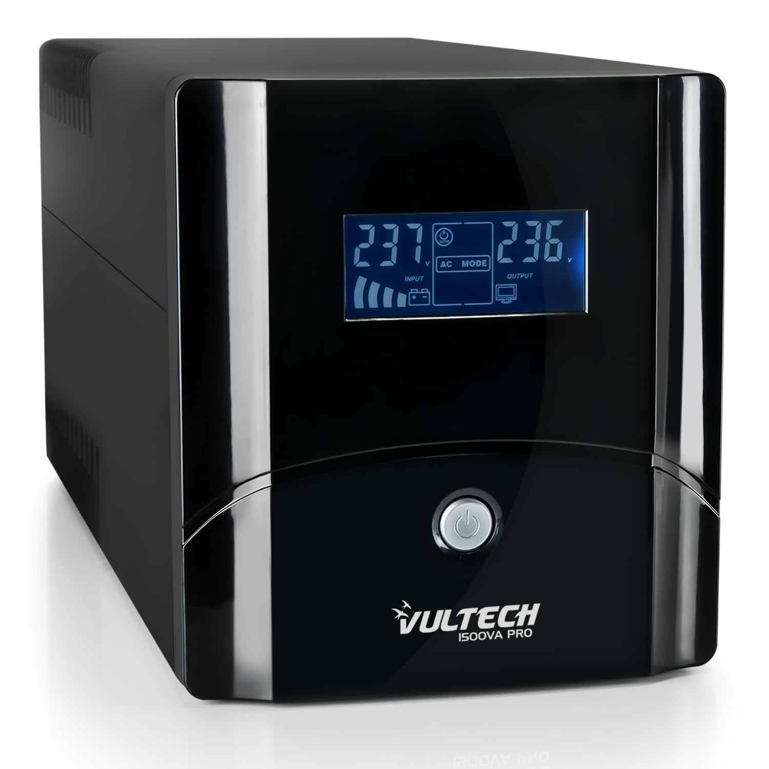 VulTech UPS1500VA-​PRO Gruppo di continuità UPS Serie PRO 1500VA 800Watt, Display LCD, 2x Bipasso/​Schuko + 1x IEC13 + RJ11 + USB, Funzione Overload, AVR, sbalzi di tensione per Pc, videosorveglianza