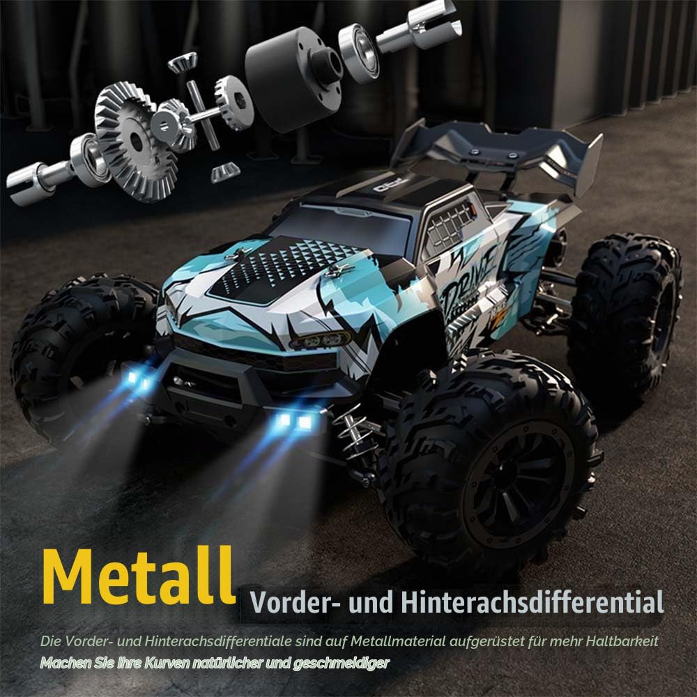 70 km/h Brushless Ferngesteuertes Auto Erwachsene, 1:16 4WD RC Truck mit Licht, Hoher Geschwindigkeit, Off-Road Wasserdicht Truck, 3×Wiederaufladbarer Akku(Blau)