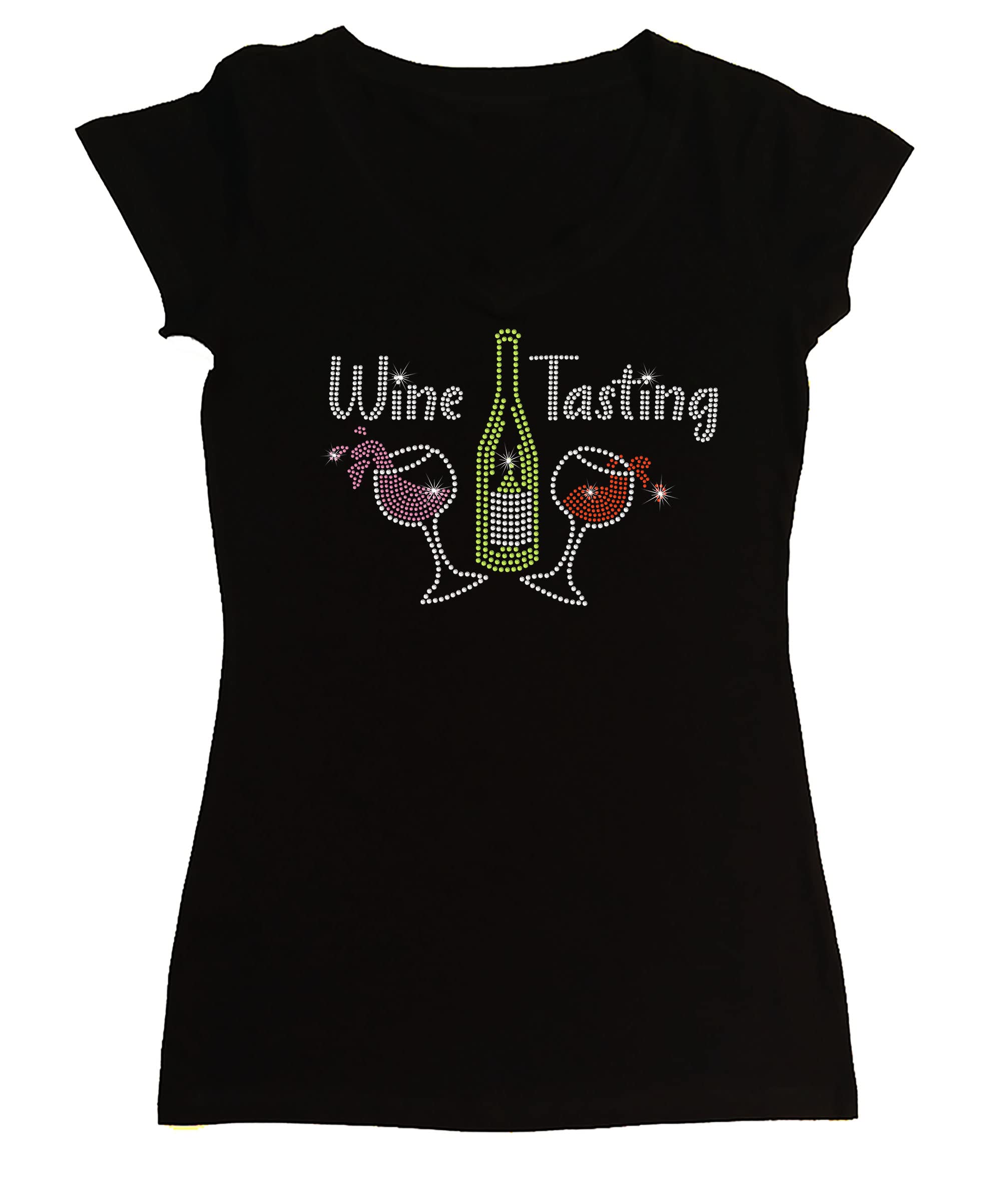 Women's Rhinestone Fitted Tight Snug Shirt Wine Tasting - Wine Glasses and Wine Bottles (Black Cap Sleeve, 3X)
