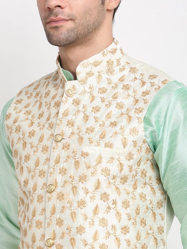 Image of KRAFT INDIA Men's Stylish Silk Kurta with Churidar & Nehru Jacket Set