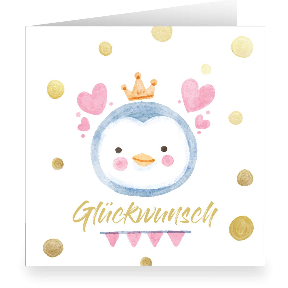 Kartenkaufrausch 12 x Süße Pünktchen Glückwunsch-karte (quadratisch, 15,5x15,5cm inkl Umschlag) mit Pinguin und Krone: Glückwunsch - große XL Karte zur Geburt, Hochzeit, Examen & Geburtstag