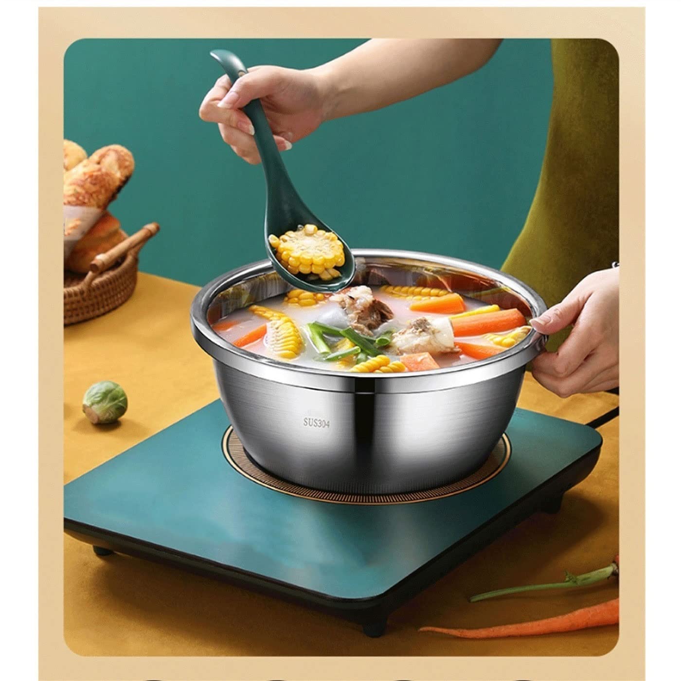 Juego de 3 cuencos para mezclar, ollas y cuencos de acero inoxidable, cuenco para sopa, cuenco para sopa, almacenamiento apilable, ahorra espacio, apto para cocina de inducción, cocinar y hornear (2