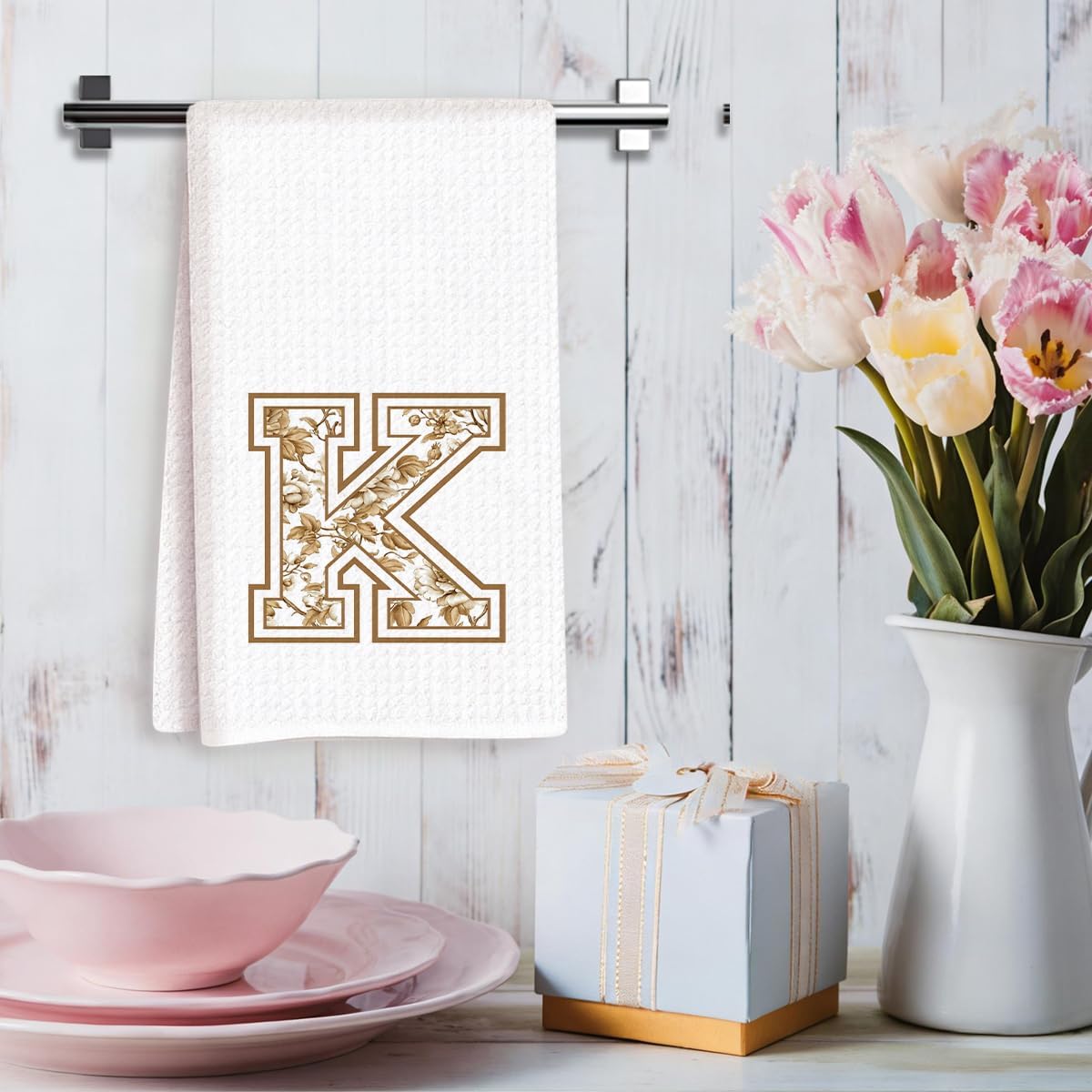 Chinoiserie Initial Kitchen Towels, Personalized Kitchen Towels, Personalized Gifts for Women, Yellow Floral Initial K Waffle Hand Towel, Home Holiday Bathroom Bar Decor 14x24 Inch image 3