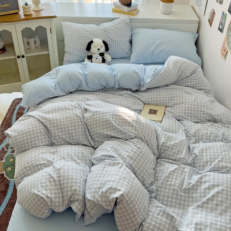 Image of Nayoroom Gingham Duvet Cover King Size Reversible Blue Plaid Checkered Duvet Cover 3 Pieces Soft Breathable Washed Microfiber Girls Dorm Bedding Set for All Seasons