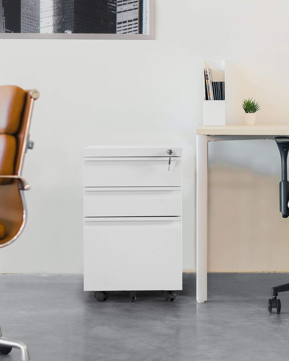 Metal File Cabinet with Wheels 3 Drawer File Cabinet Filling Cabinet Mobile Office Cabinet on Wheels for A4 Letter Size Hanging File Folders Industrial Style Under Desk Metal Filing Cabinet (White)