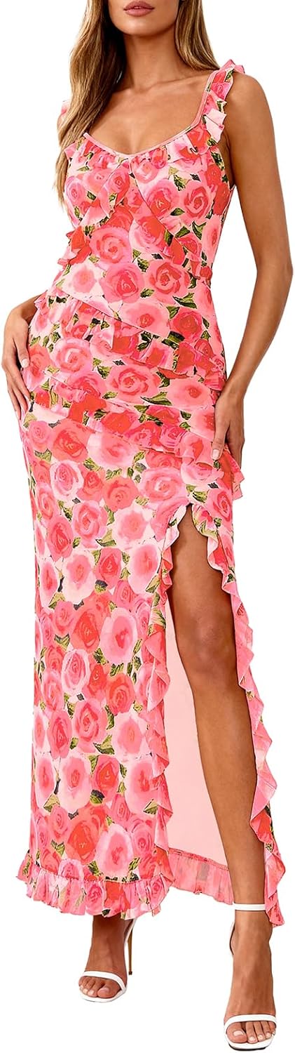 PRETTYGARDEN Women's Summer Spaghetti Strap Maxi Dress Sleeveless Side Slit Mesh Cocktail Dresses Beach Vacation Sundress